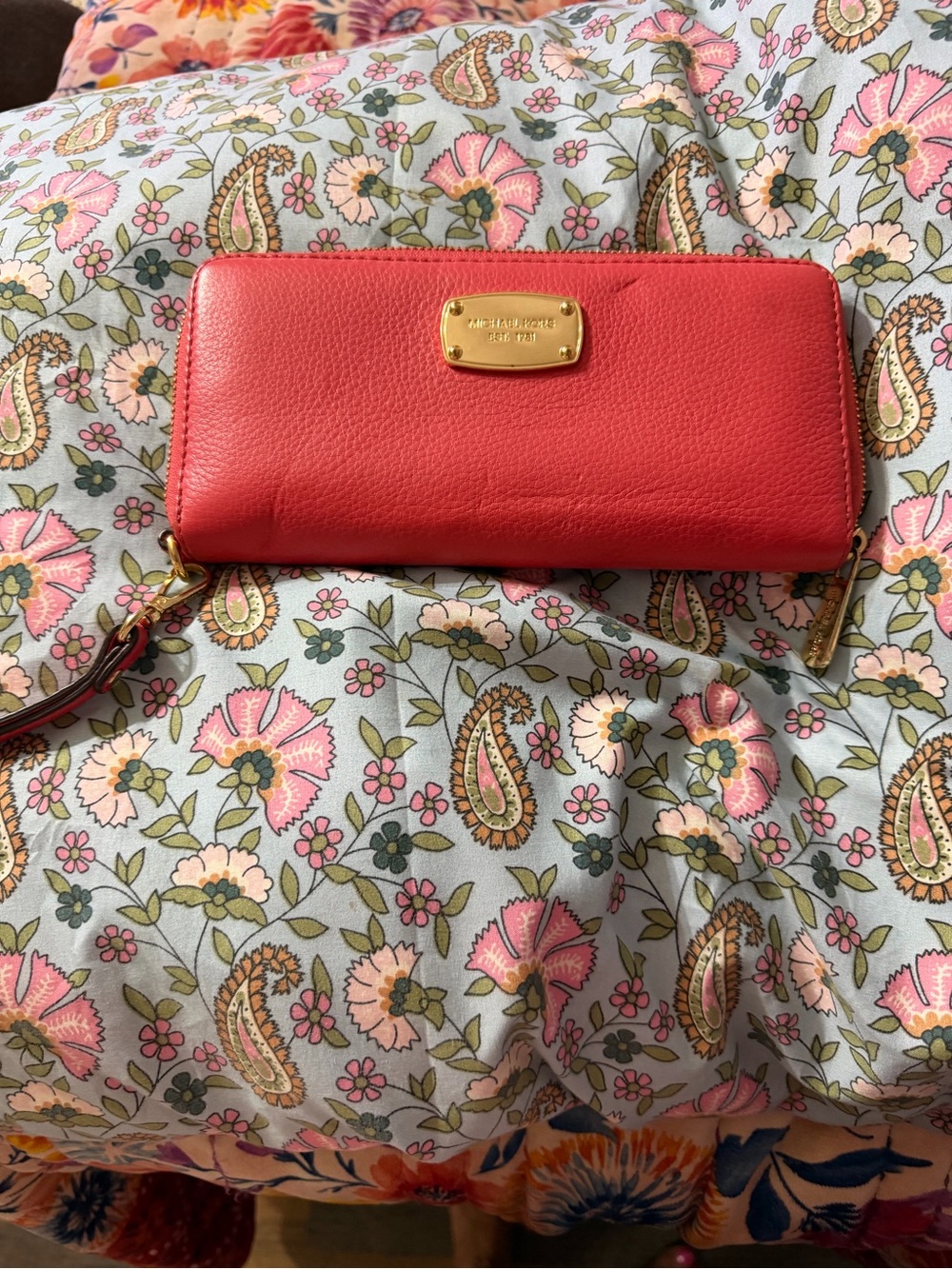 Michael Kors Coral-Pink Pebbled Leather Wristlet Wallet with Gold Plaque